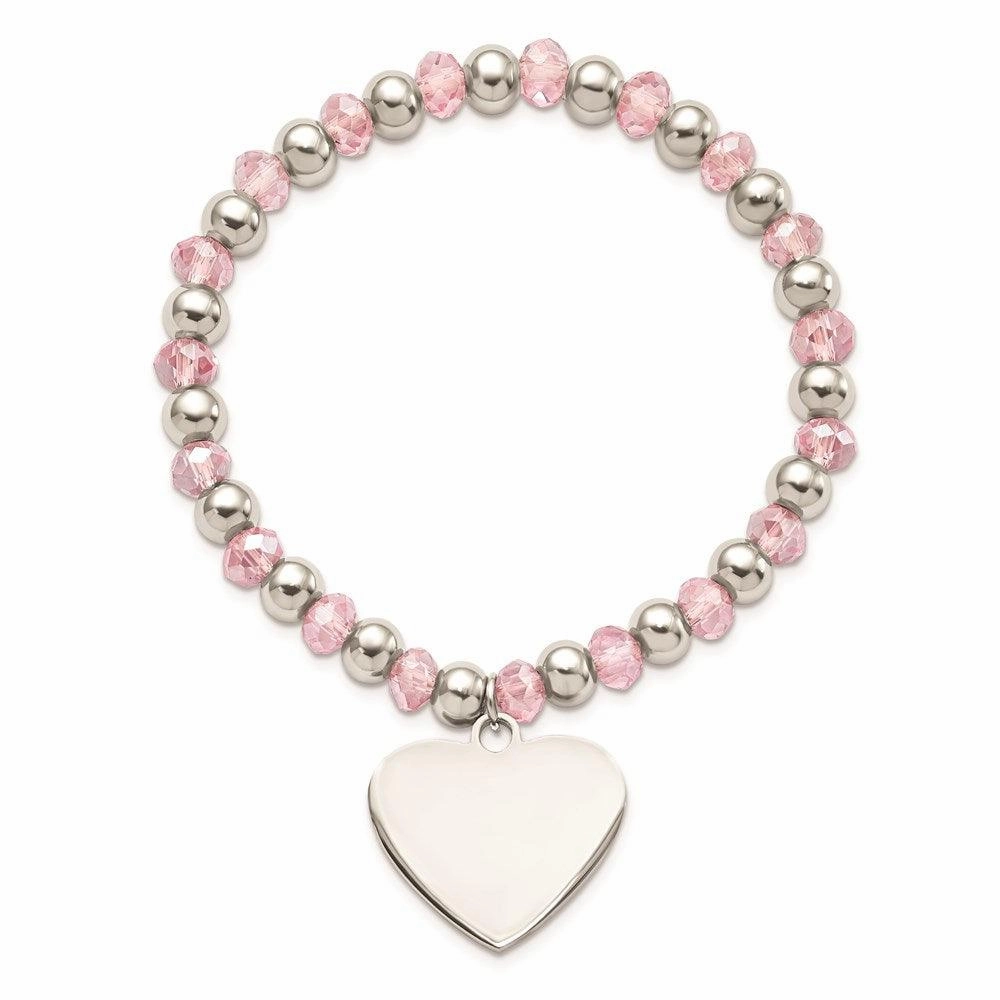 Stainless Steel Polished w/Pink Glass Beads Heart Dangle Stretch Bracelet