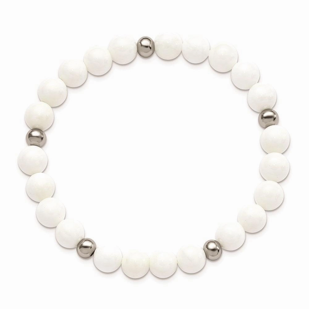Stainless Steel Polished White Ceramic Beaded Stretch Bracelet