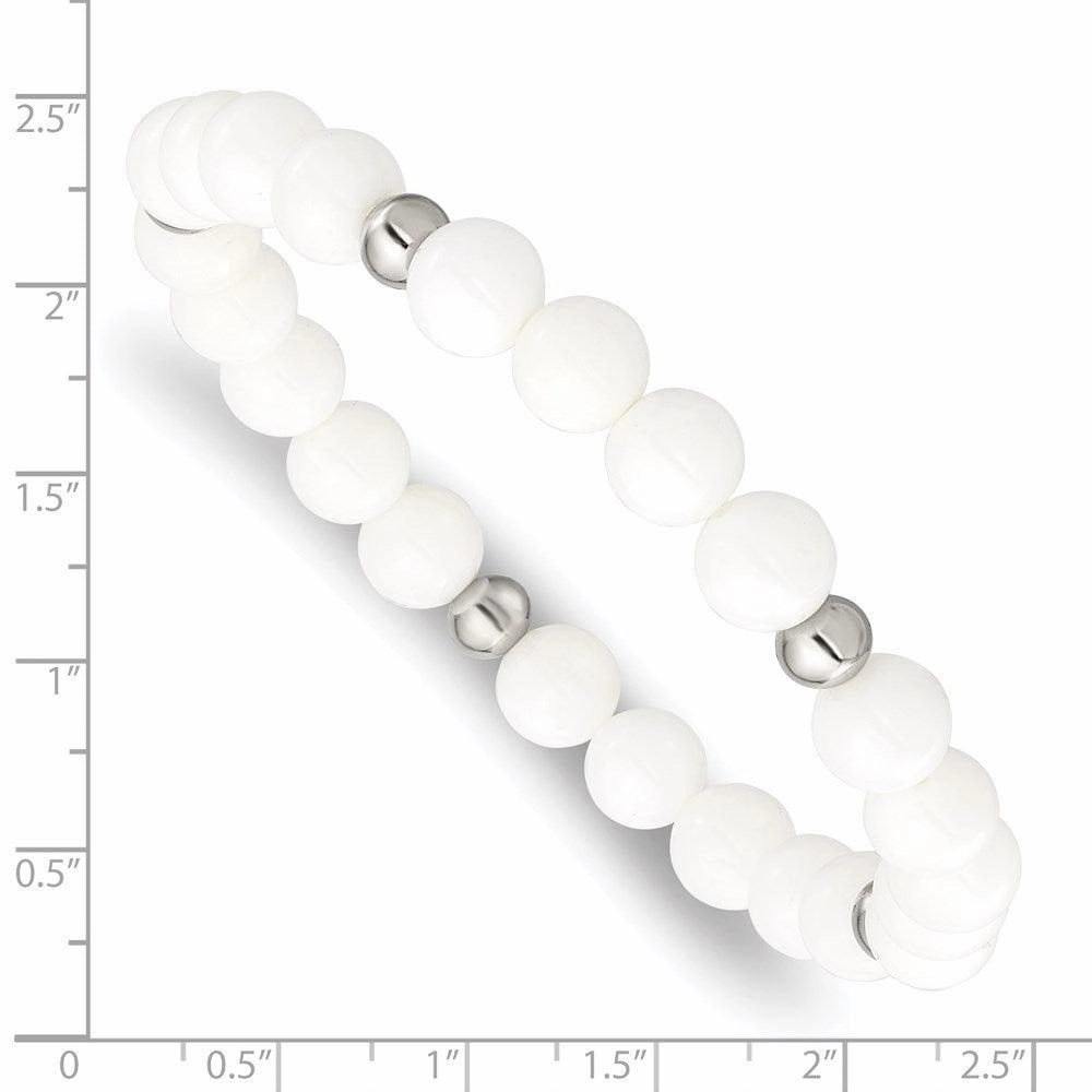 Stainless Steel Polished White Ceramic Beaded Stretch Bracelet