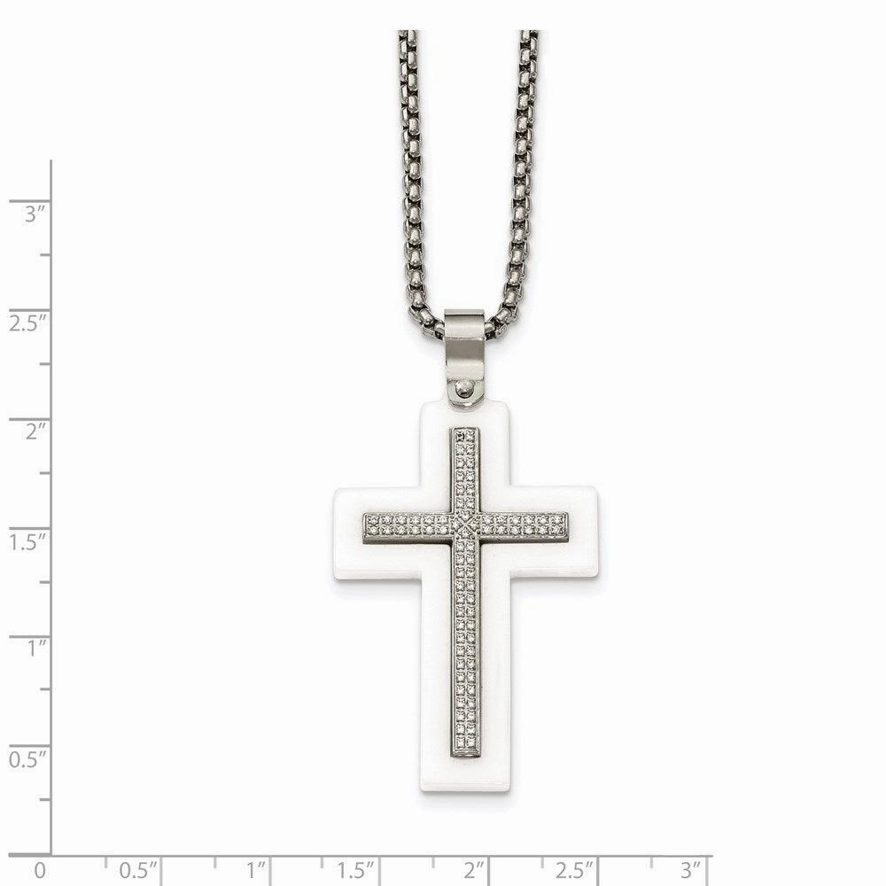 Stainless Steel Polished White Ceramic Cross CZ 23.75in Necklace