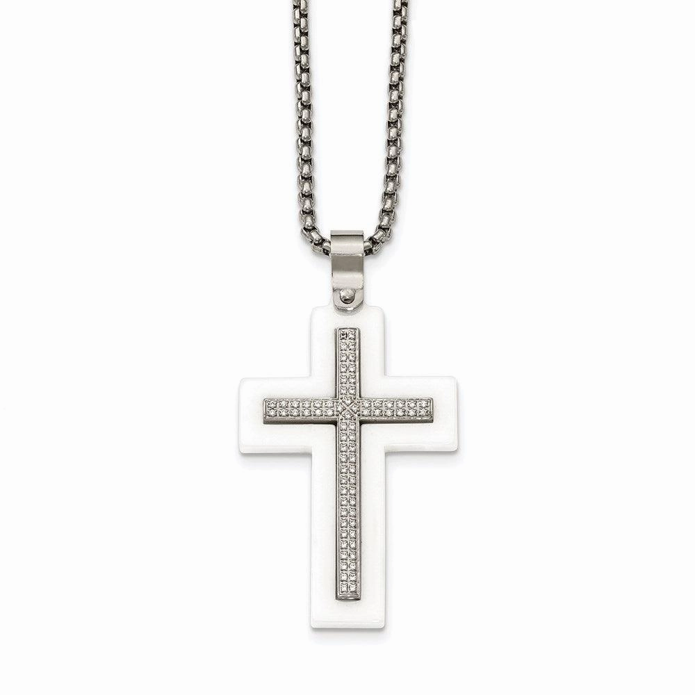 Stainless Steel Polished White Ceramic Cross CZ 23.75in Necklace