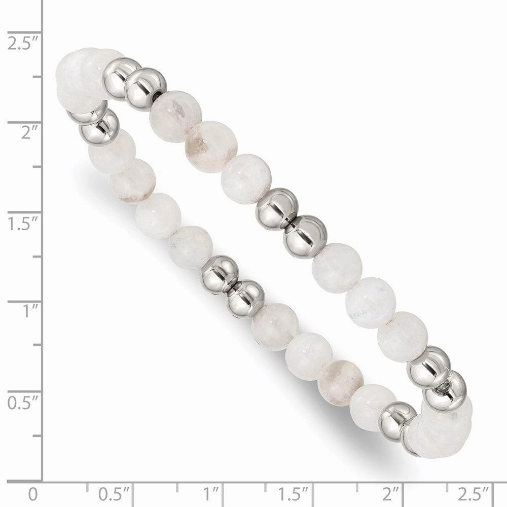 Stainless Steel Polished White Moonstone Beaded Stretch Bracelet