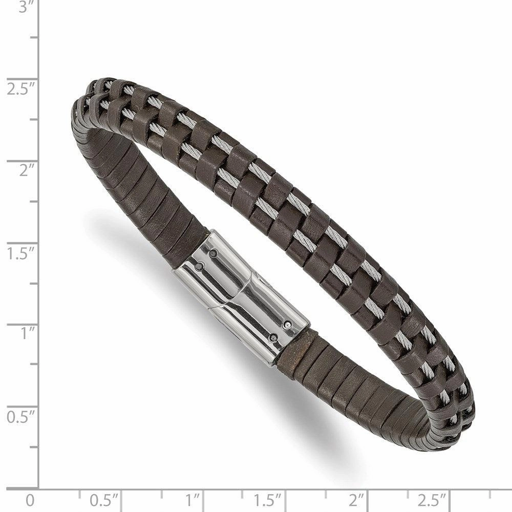 Stainless Steel Polished Wire and Brown Leather 8.75in Bracelet