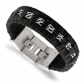 Stainless Steel Polished with Black Woven Leather 7in with 0.5in ext. Brace
