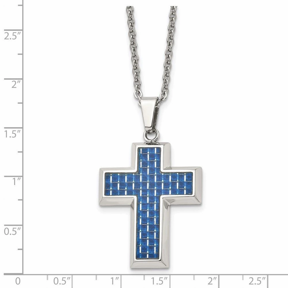 Stainless Steel Polished with Blue Carbon Fiber Inlay Cross 22in Necklace