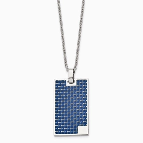 Stainless Steel Polished with Blue Carbon Fiber Inlay Dog Tag Necklace
