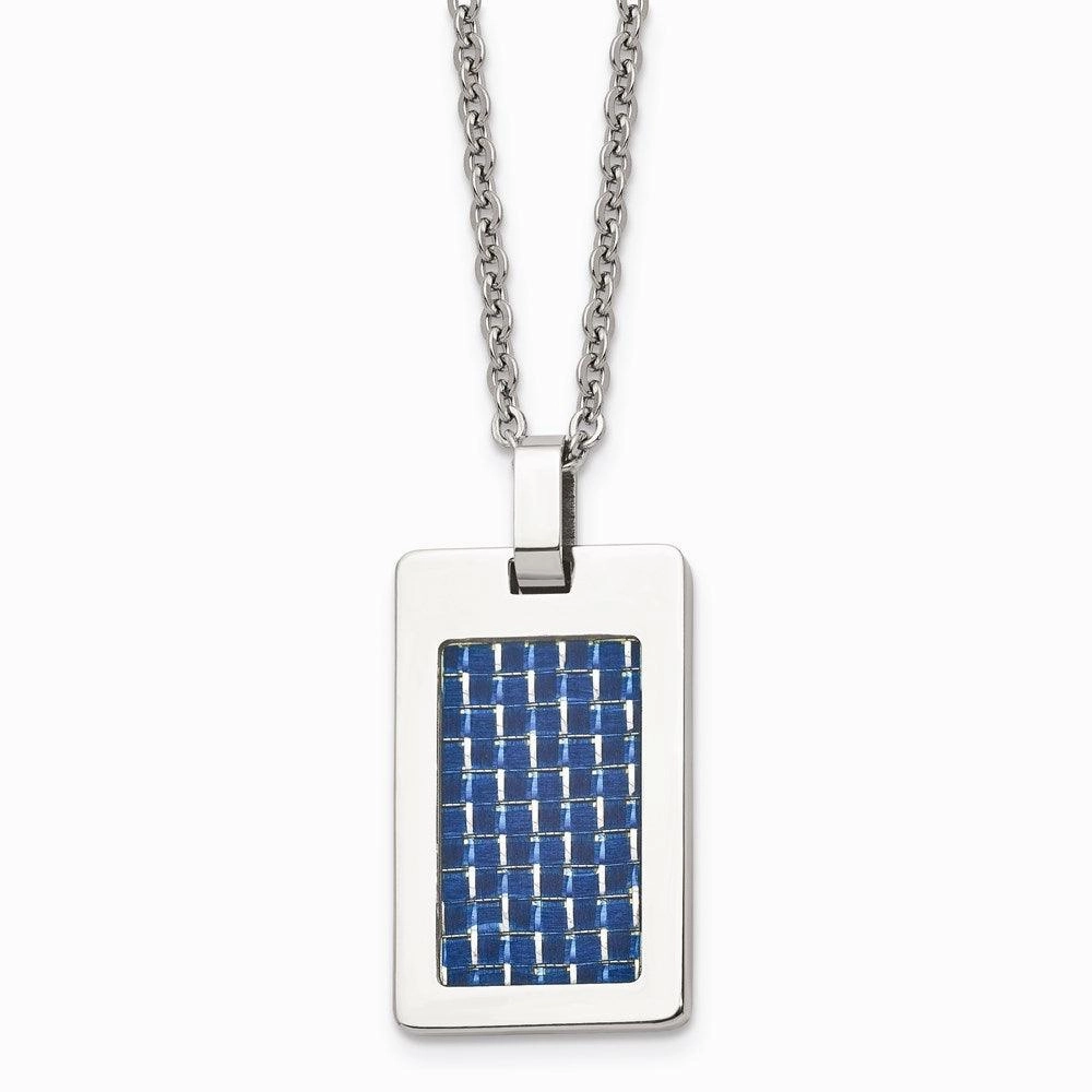 Stainless Steel Polished with Blue Carbon Fiber Inlay Dog Tag Necklace