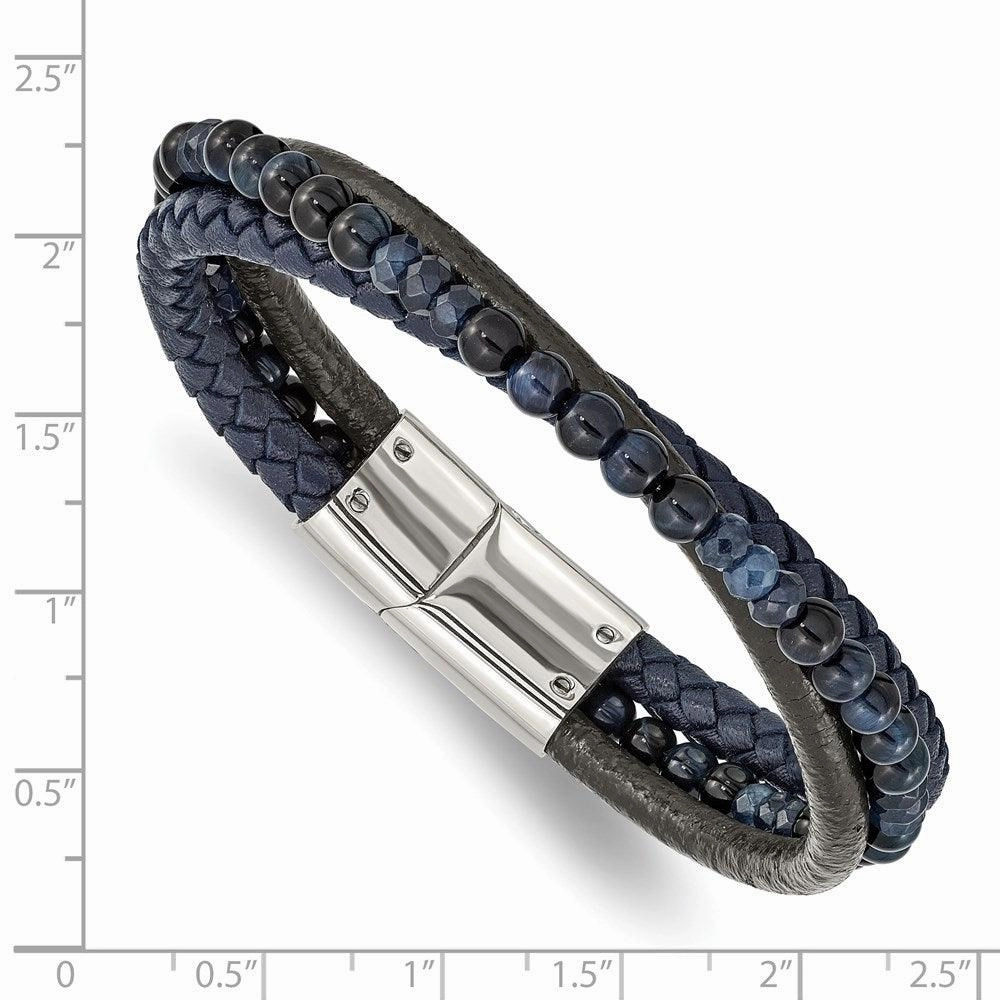 Stainless Steel Polished with Blue Chalcedony/Tiger's Eye Leather Bracelet