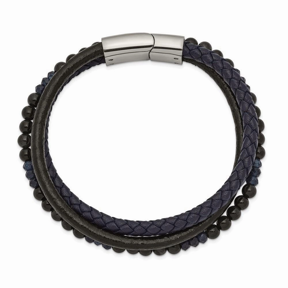 Stainless Steel Polished with Blue Chalcedony/Tiger's Eye Leather Bracelet