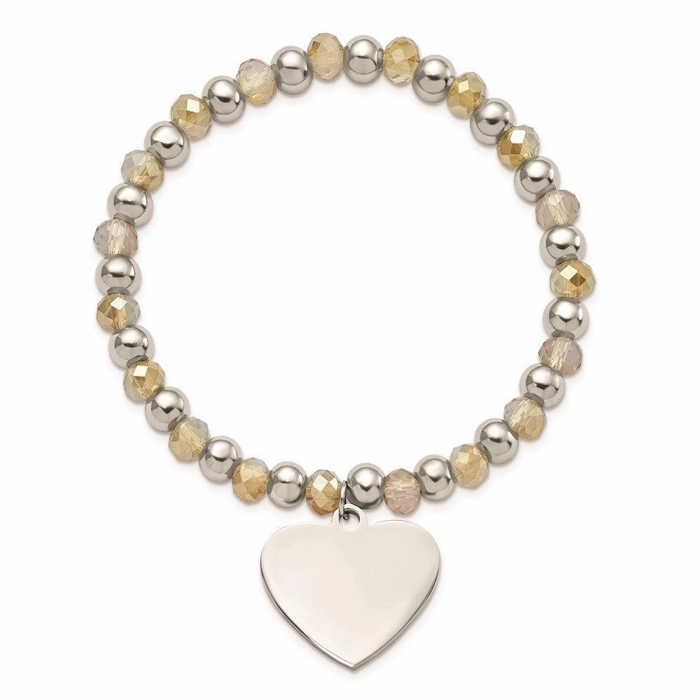 Stainless Steel Polished with Glass Beads Heart Dangle Stretch Bracelet