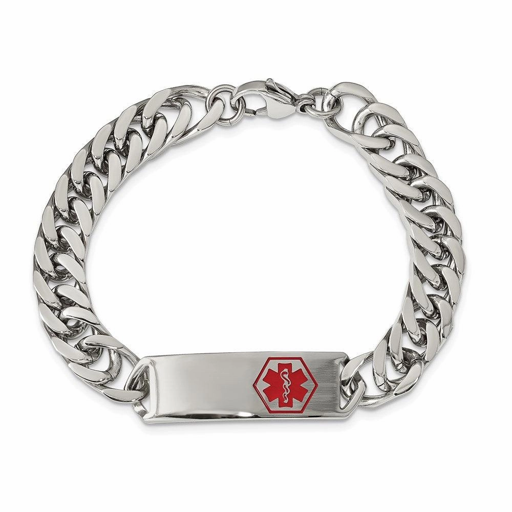 Stainless Steel Polished with Red Enamel 8.5in Medical ID Bracelet