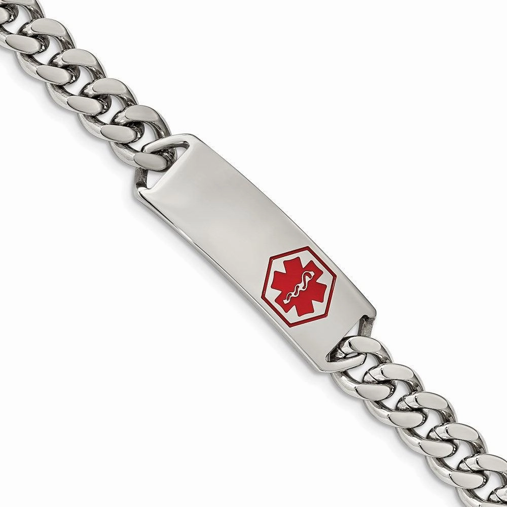 Stainless Steel Polished with Red Enamel 8in Medical ID Bracelet