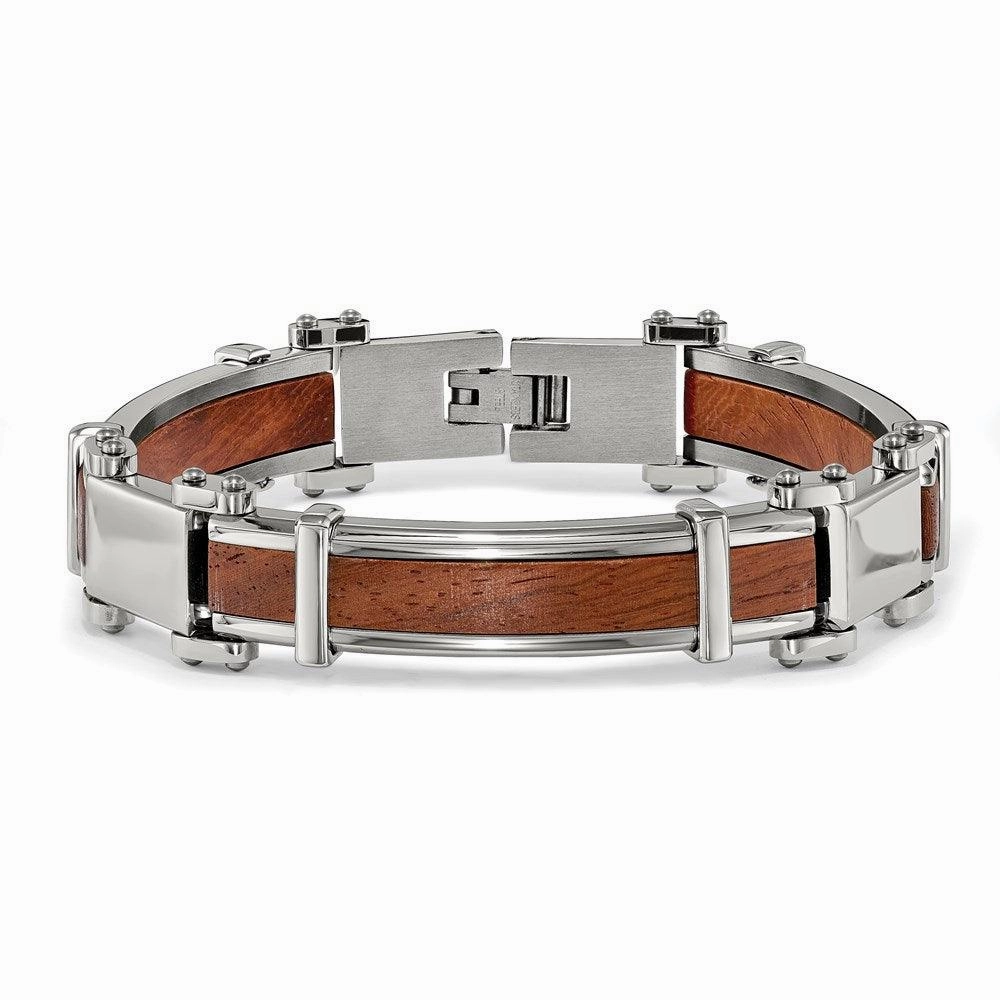 Stainless Steel Polished with Wood Inlay 8.25in Bracelet