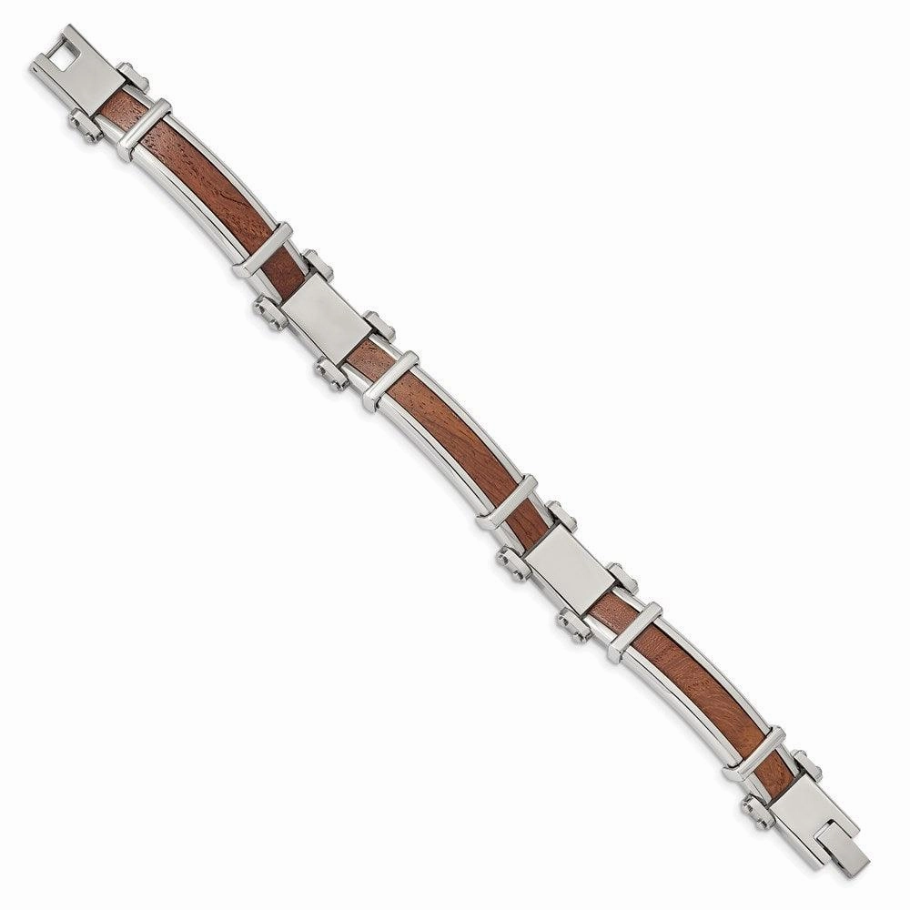 Stainless Steel Polished with Wood Inlay 8.25in Bracelet