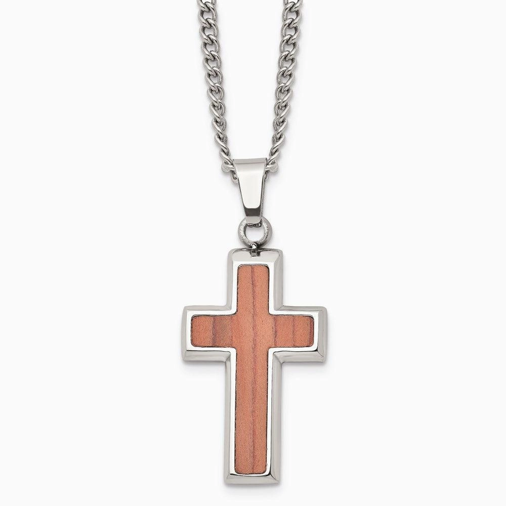 Stainless Steel Polished Wood Inlay Cross Necklace