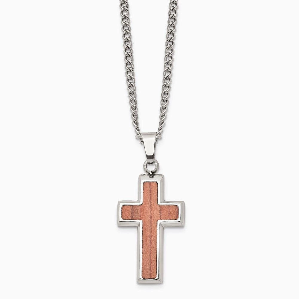 Stainless Steel Polished Wood Inlay Cross Necklace