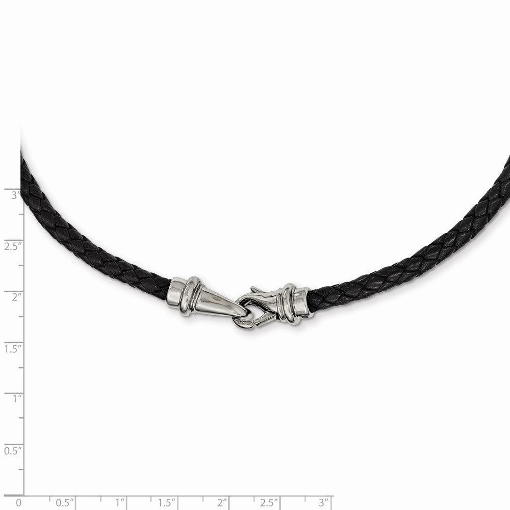 Stainless Steel Polished Woven Black Leather Necklace