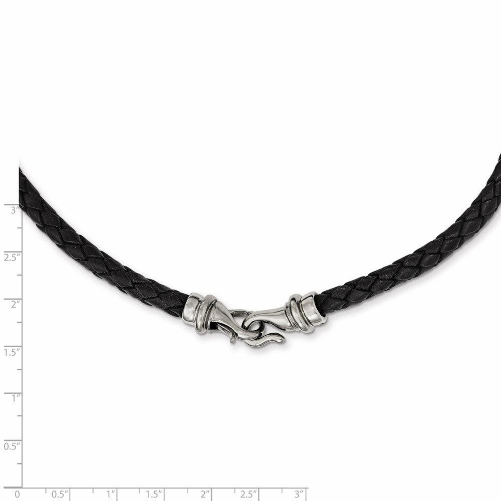 Stainless Steel Polished Woven Black Leather Necklace