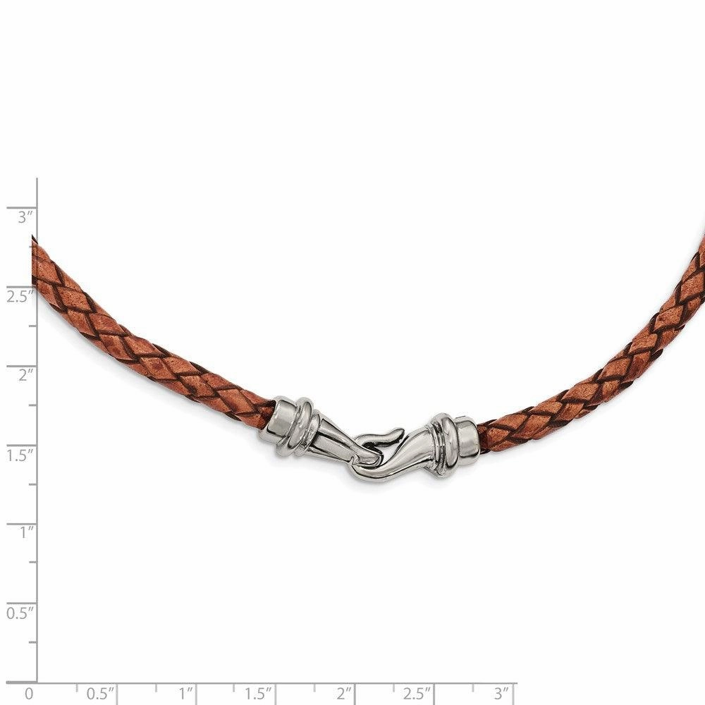 Stainless Steel Polished Woven Brown Leather Necklace