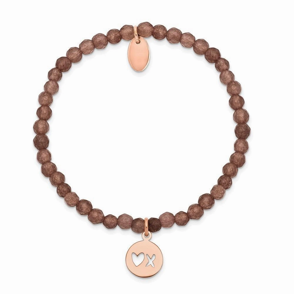 Stainless Steel Polished XO Rose IP-plated Brown Jade Stretch Bracelet
