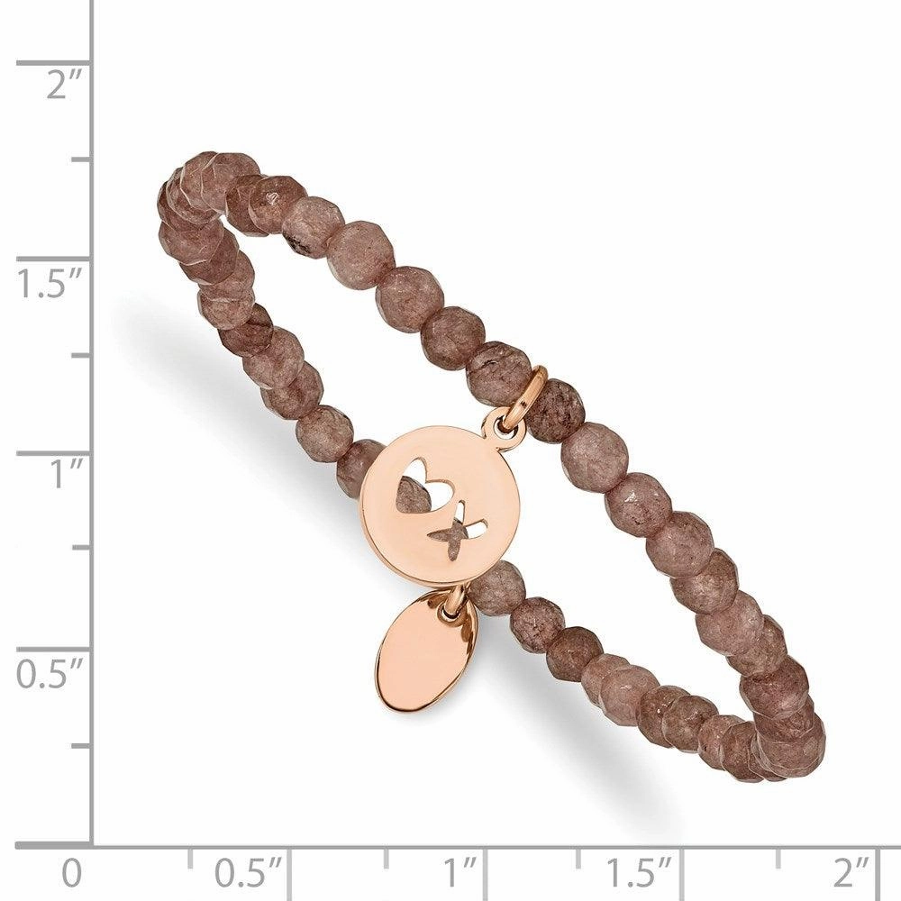 Stainless Steel Polished XO Rose IP-plated Brown Jade Stretch Bracelet