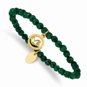 Stainless Steel Polished Yellow IP Dove Green Jade Beaded Stretch Bracelet