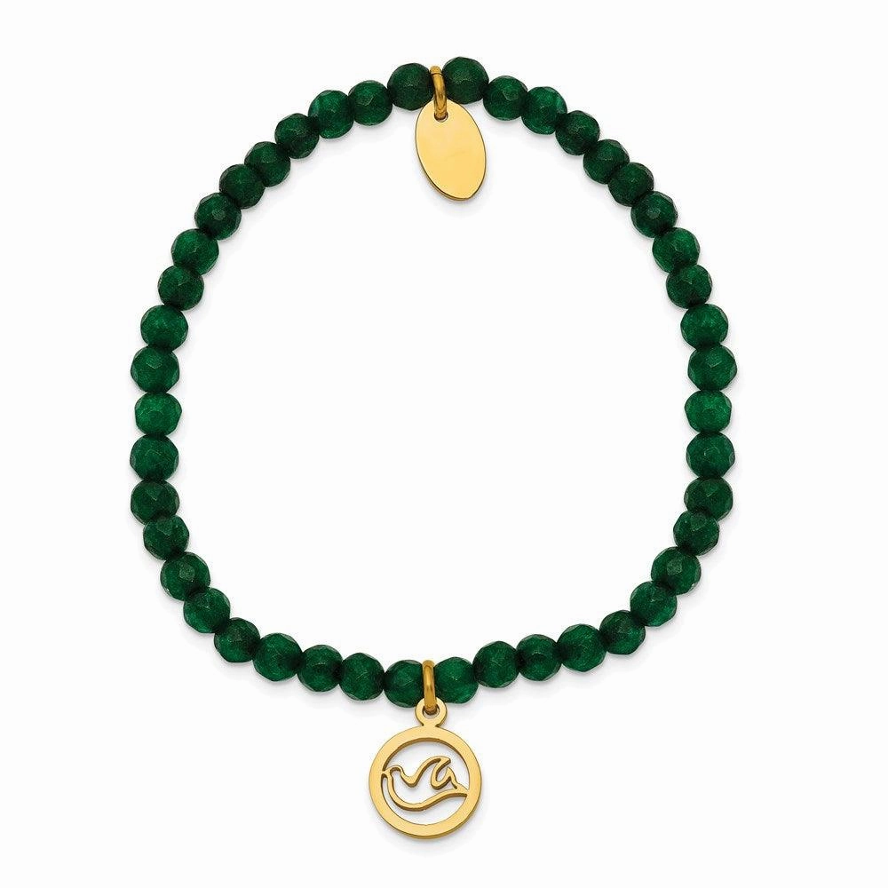 Stainless Steel Polished Yellow IP Dove Green Jade Beaded Stretch Bracelet