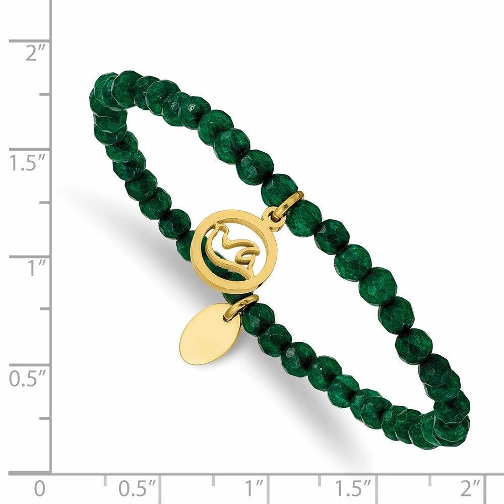 Stainless Steel Polished Yellow IP Dove Green Jade Beaded Stretch Bracelet
