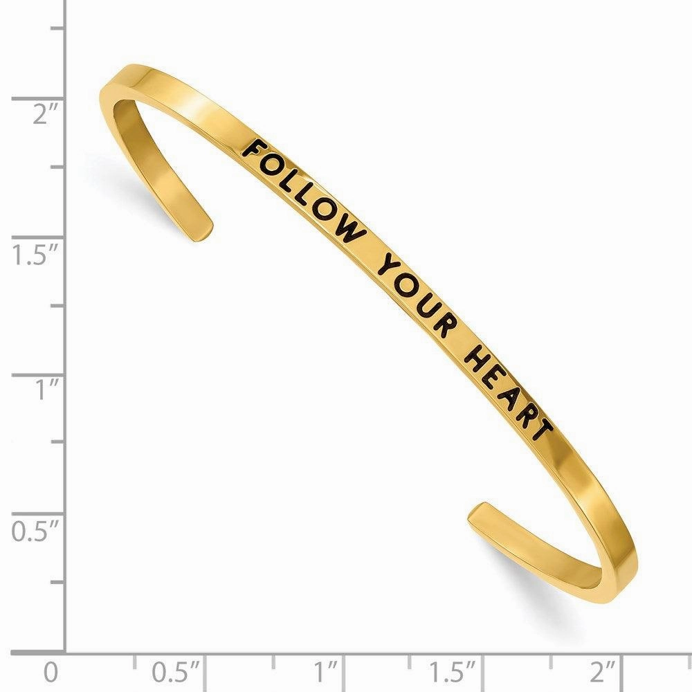 Stainless Steel Polished Yellow IP Enamel/Crystal FOLLOW YOUR HEART Bangle