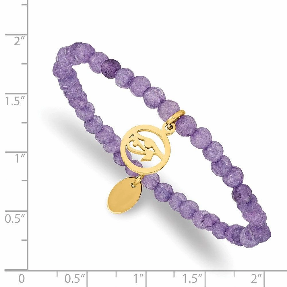 Stainless Steel Polished Yellow IP Eye of Horus Purple Jade Stretch Bracele