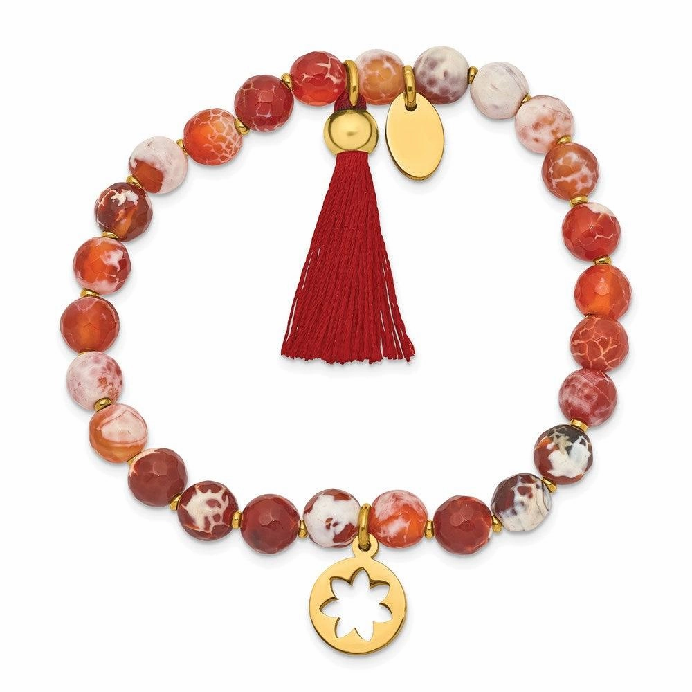 Stainless Steel Polished Yellow IP Flower Orange Agate Stretch Bracelet