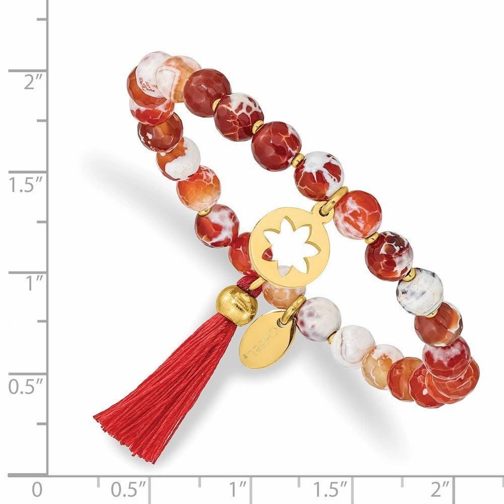 Stainless Steel Polished Yellow IP Flower Orange Agate Stretch Bracelet