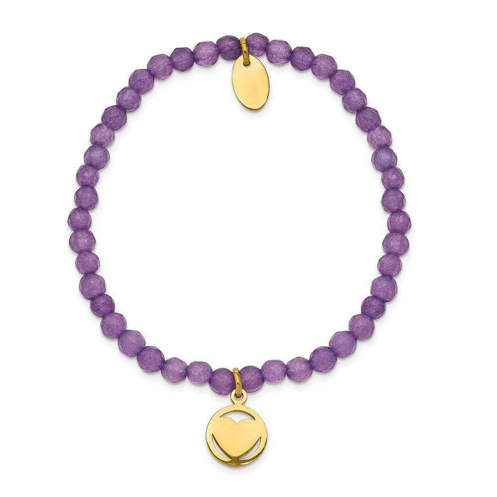 Stainless Steel Polished Yellow IP Heart Light Purple Jade Stretch Bracelet