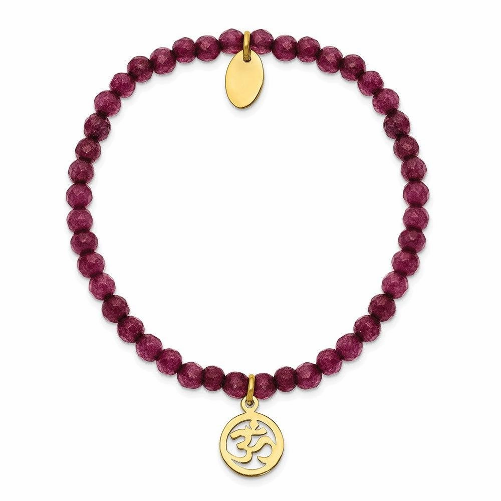 Stainless Steel Polished Yellow IP OHM Purple Jade Stretch Bracelet