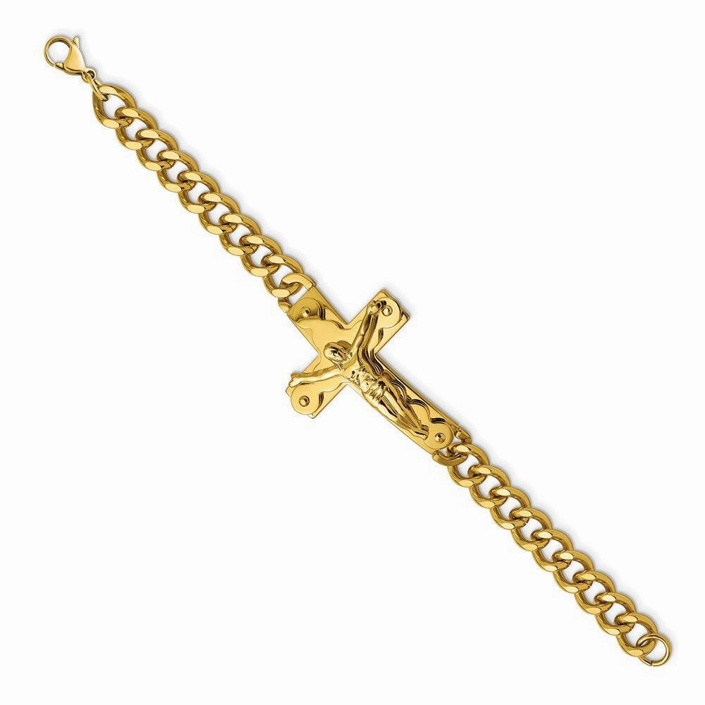Stainless Steel Polished Yellow IP-plated Crucifix 8.25in Bracelet