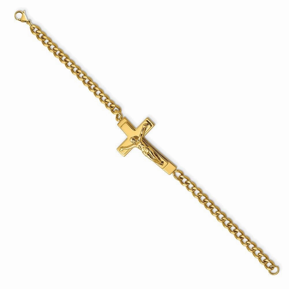 Stainless Steel Polished Yellow IP-plated Crucifix 8in Bracelet