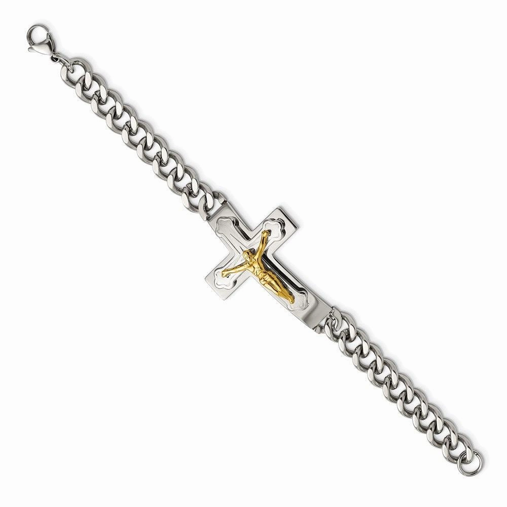 Stainless Steel Polished Yellow IP-plated Crucifix 8in Bracelet