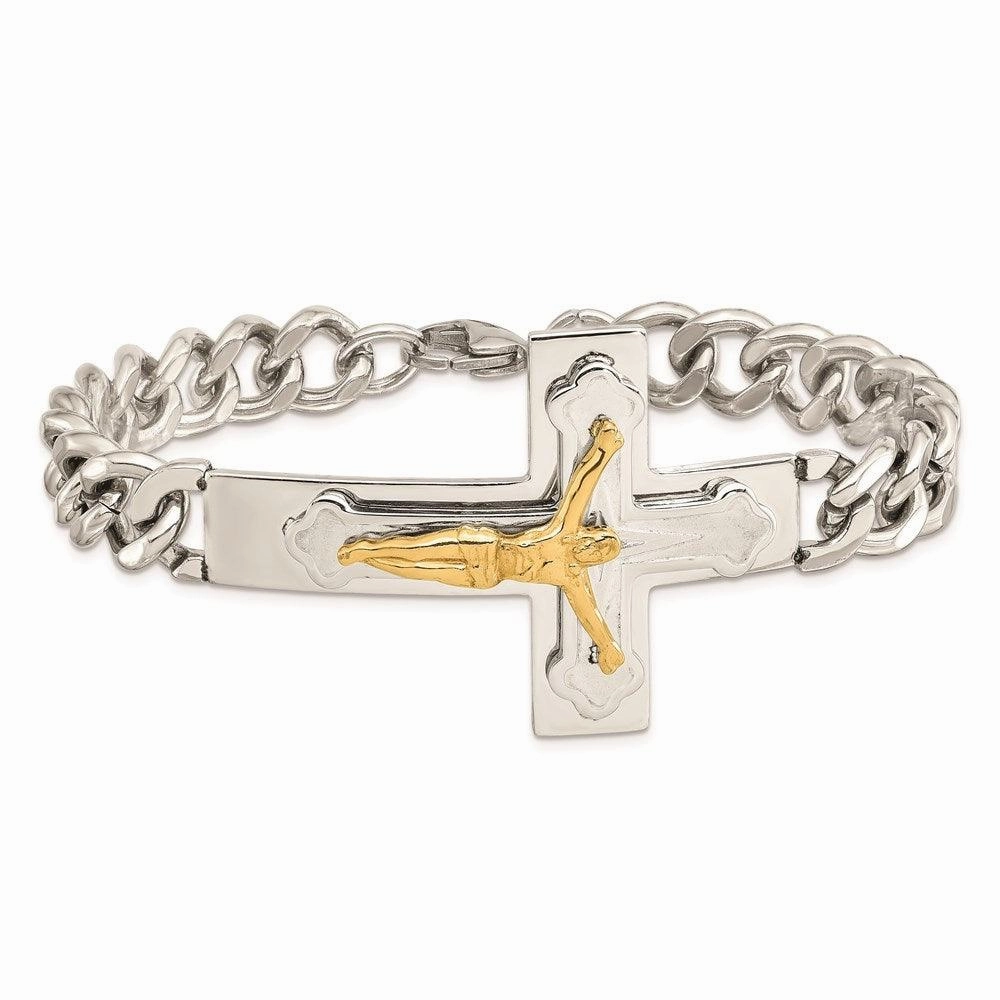 Stainless Steel Polished Yellow IP-plated Crucifix 8in Bracelet