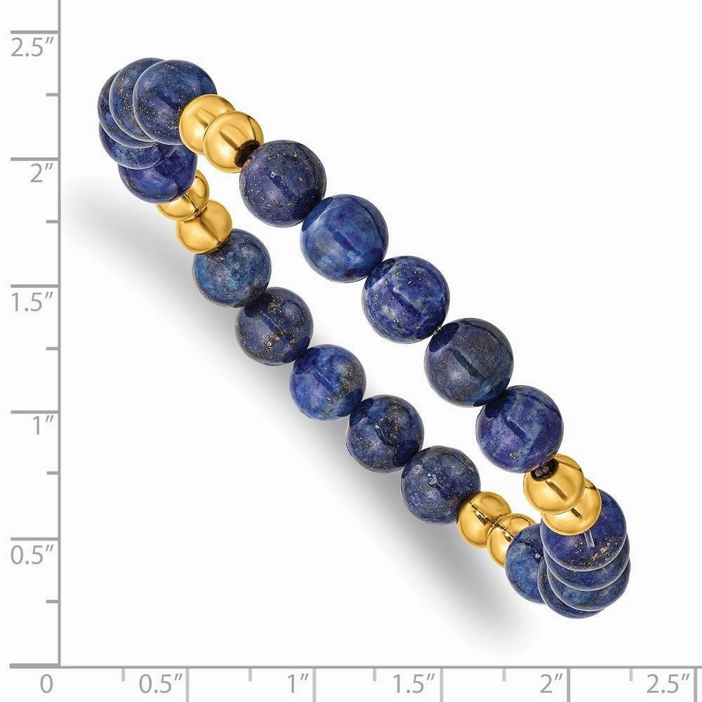 Stainless Steel Polished Yellow IP-plated w/Lapis Beaded Stretch Bracelet