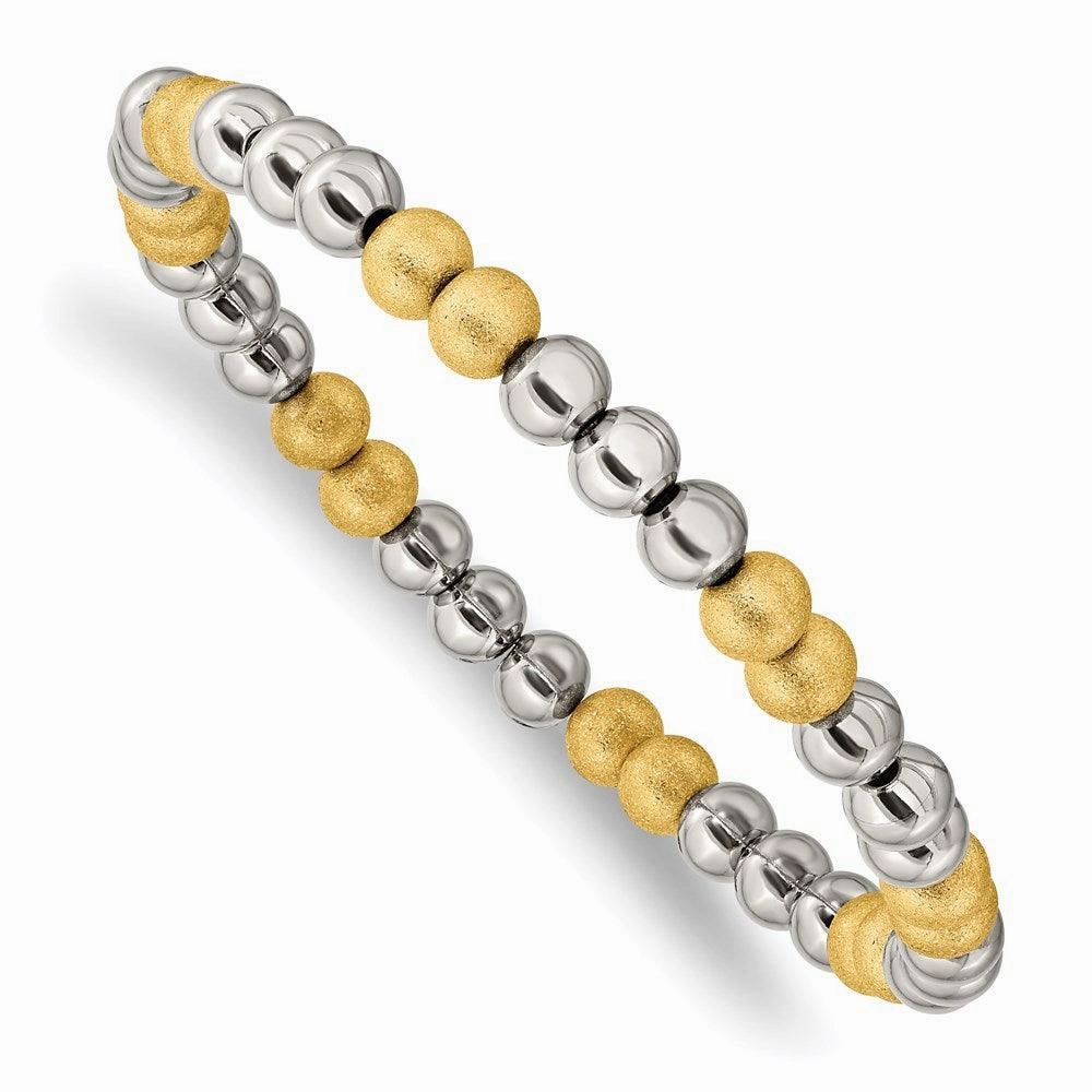 Stainless Steel Polished Yellow IP Sand Blasted Beaded Stretch Bracelet