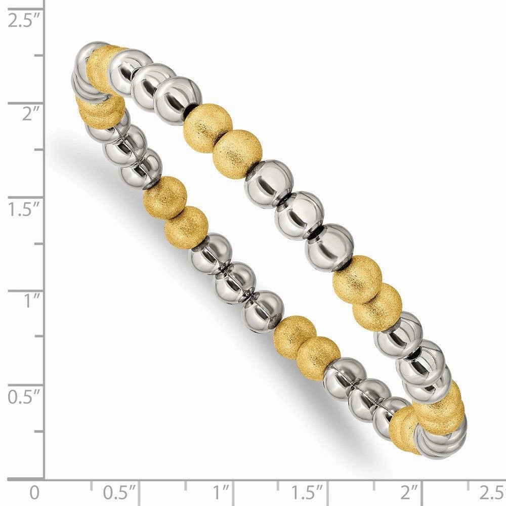 Stainless Steel Polished Yellow IP Sand Blasted Beaded Stretch Bracelet