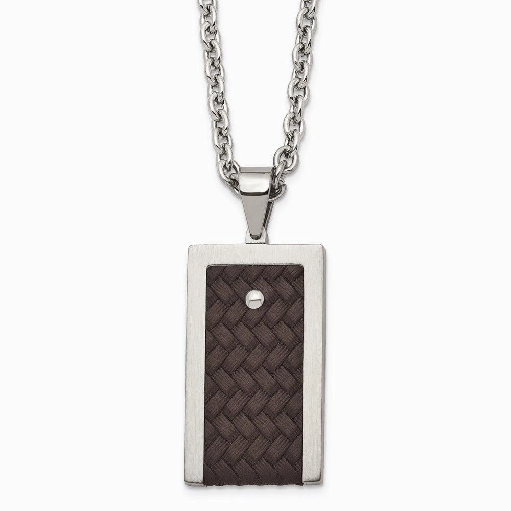 Stainless Steel Reversible Brushed & Polished with Brown Leather Necklace