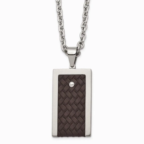 Stainless Steel Reversible Brushed & Polished with Brown Leather Necklace