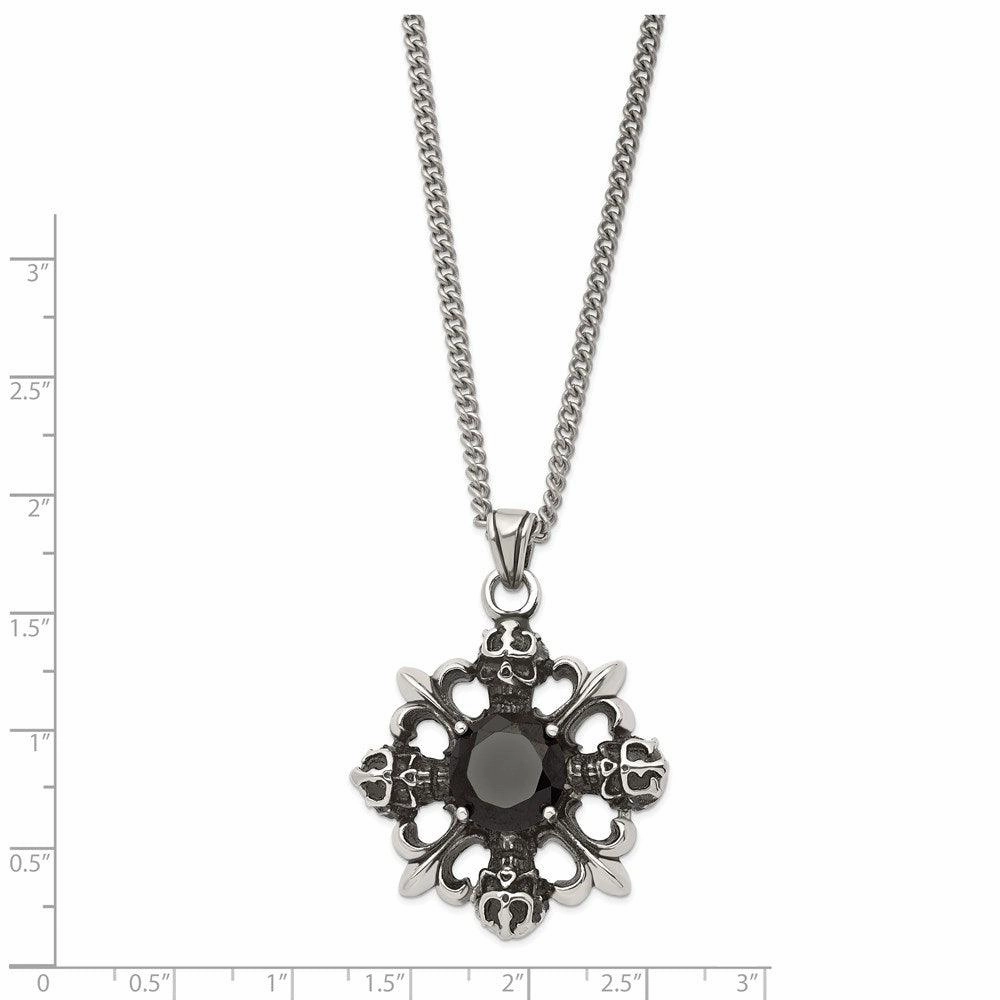 Stainless Steel Skulls & Fleur de lis w/Black CZ 22in Necklace