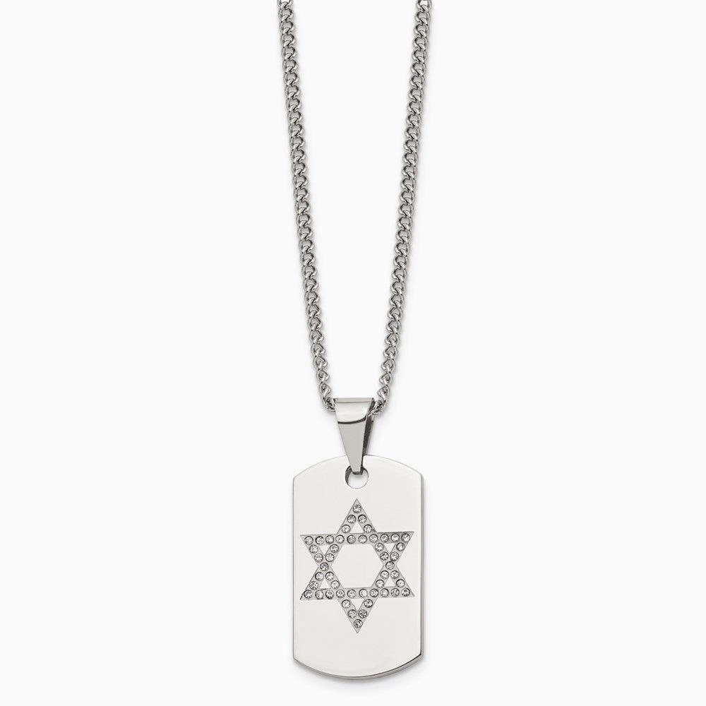 Stainless Steel Star of David CZ Dog Tag Polished Necklace