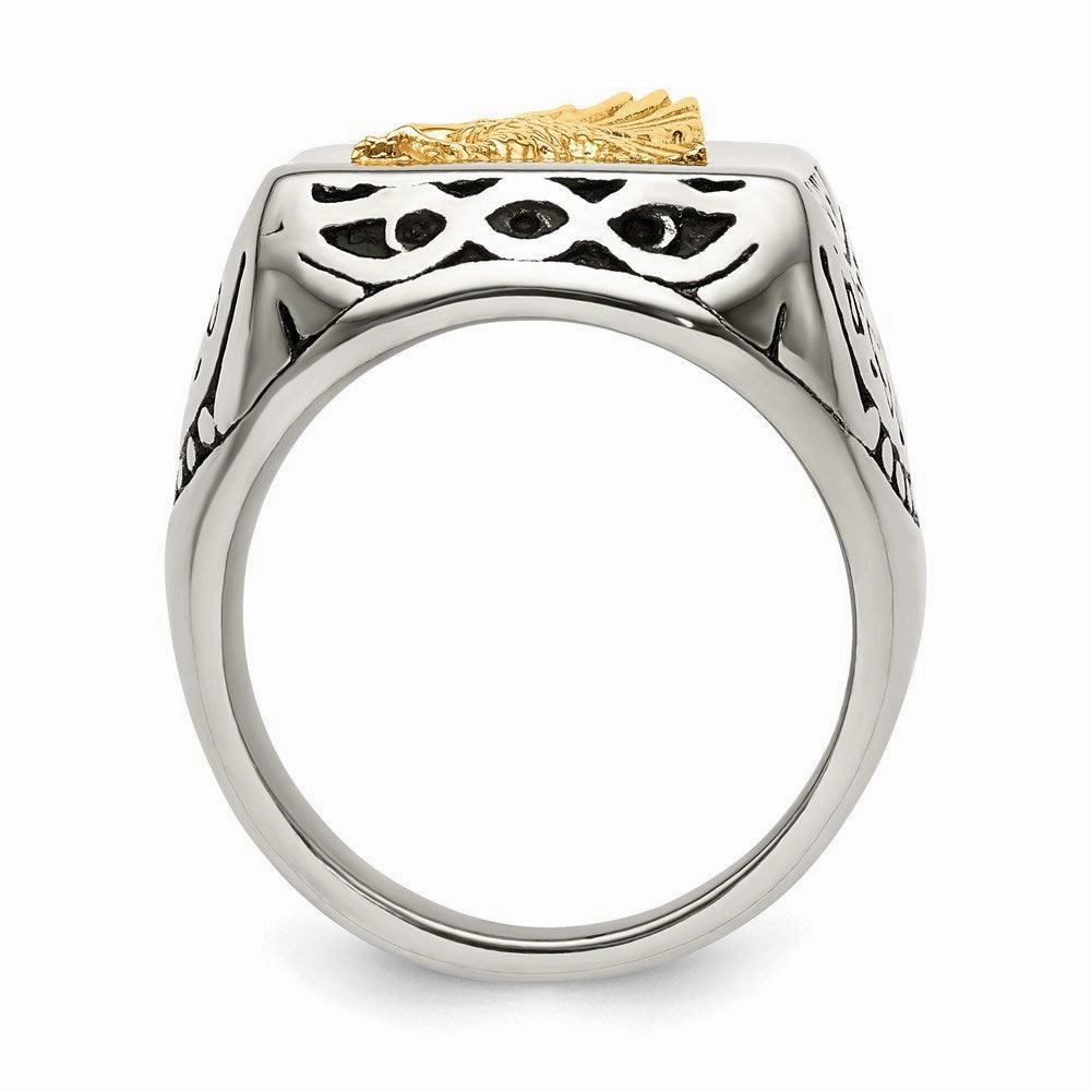 Stainless Steel w/14k Accent Antiqued and Polished Eagle Ring