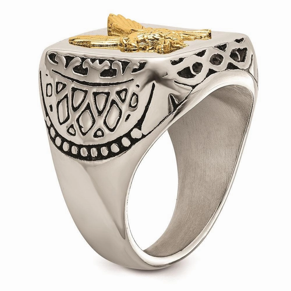Stainless Steel w/14k Accent Antiqued and Polished Eagle Ring