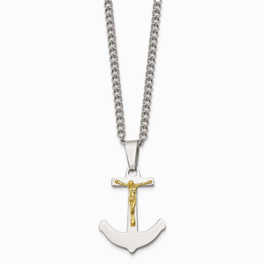 Stainless Steel w/14k Gold Crucifix Anchor Necklace