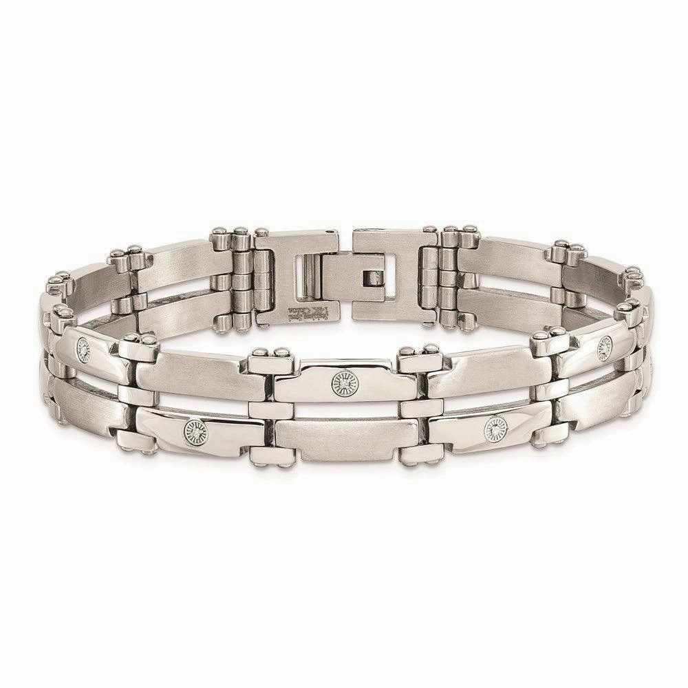 Stainless Steel w/14k White Gold Accents & Diamonds 8.5in Bracelet