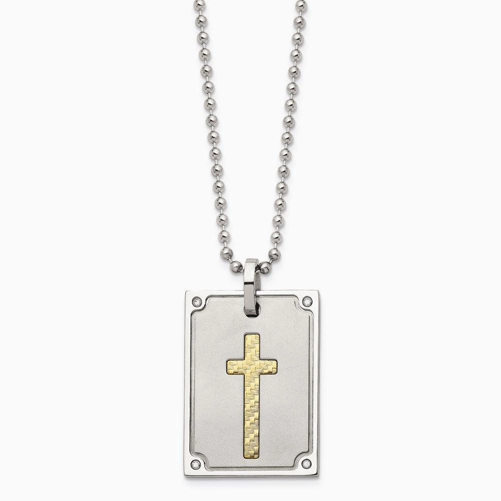 Stainless Steel w/18k Matte and Polished Diamond Square Necklace